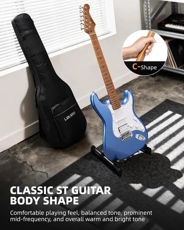 Alt view image 4 of 7 - Electric Guitar Kit Beginner 39 Inch Full Size Solid Body Guitar HSS for Starter Roasted Maple Neck Fretboard Stainless Steel Frets, 5W Mini Amp, Bag, Tuner, Capo, Strap, String, Picks- Blue