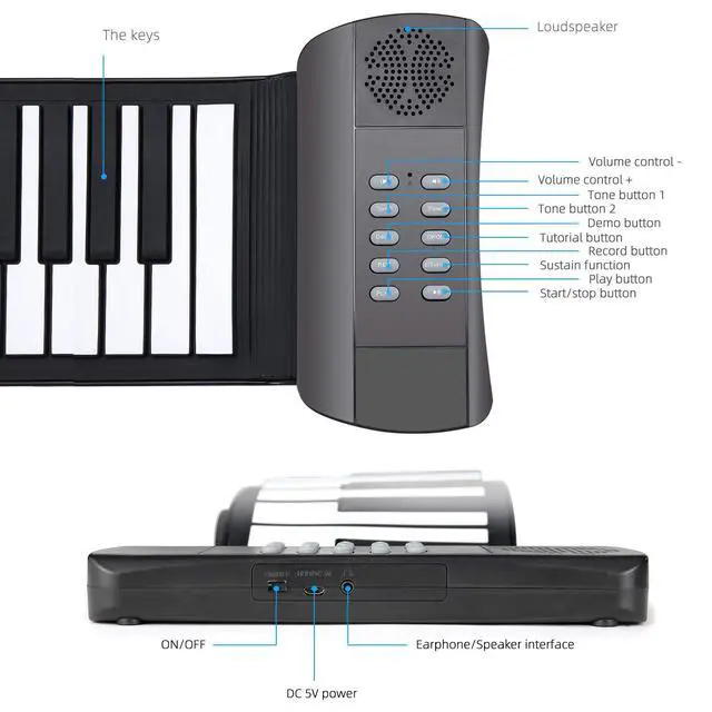 Alt view image 6 of 7 - Roll Up Piano, Portable Silicone Keyboard Perfect for Beginners, Safe Material, Headphone Jack for Quiet Practice, 16 Tones & Record Function, Foldable for Travel (Black)
