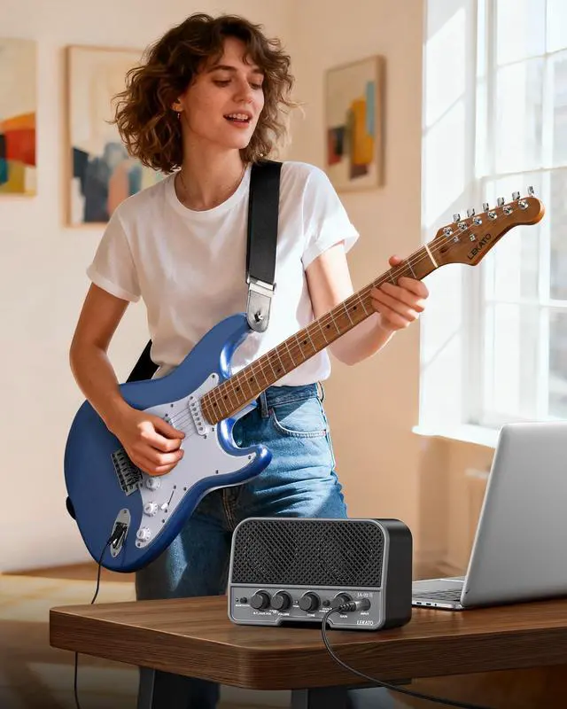 Alt view image 7 of 7 - Electric Guitar Kit Beginner 39 Inch Full Size Solid Body Guitar HSS for Starter Roasted Maple Neck Fretboard Stainless Steel Frets, 5W Mini Amp, Bag, Tuner, Capo, Strap, String, Picks- Blue