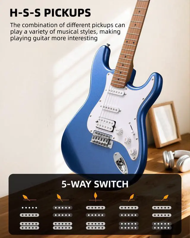 Alt view image 6 of 7 - Electric Guitar Kit Beginner 39 Inch Full Size Solid Body Guitar HSS for Starter Roasted Maple Neck Fretboard Stainless Steel Frets, 5W Mini Amp, Bag, Tuner, Capo, Strap, String, Picks- Blue