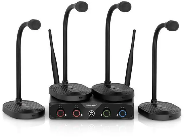 Main image of 4-Channel Wireless Conference Microphone System MWM-41-4G | 4 gooseneck mics, 4 x 10 frequencies, 200 ft range, UHF cordless setup for lecture, church, conference and public speaking
