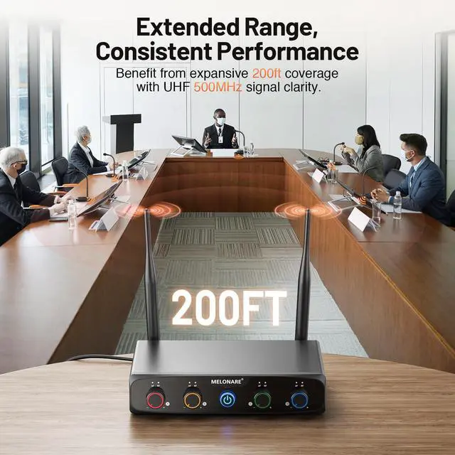 Alt view image 3 of 7 - 4-Channel Wireless Conference Microphone System MWM-41-4G | 4 gooseneck mics, 4 x 10 frequencies, 200 ft range, UHF cordless setup for lecture, church, conference and public speaking