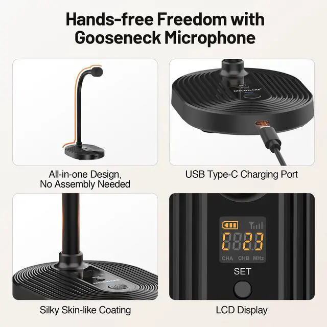 Alt view image 5 of 7 - 4-Channel Wireless Conference Microphone System MWM-41-4G | 4 gooseneck mics, 4 x 10 frequencies, 200 ft range, UHF cordless setup for lecture, church, conference and public speaking