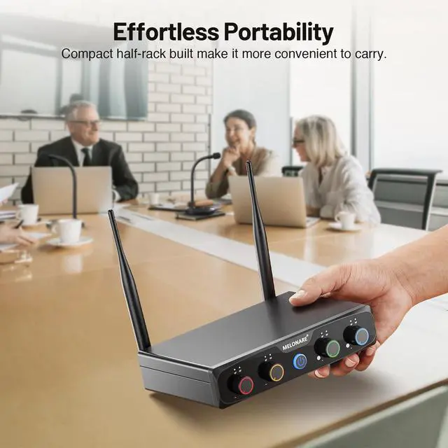 Alt view image 6 of 7 - 4-Channel Wireless Conference Microphone System MWM-41-4G | 4 gooseneck mics, 4 x 10 frequencies, 200 ft range, UHF cordless setup for lecture, church, conference and public speaking