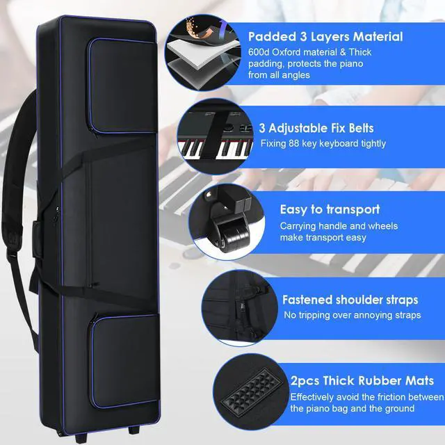 Alt view image 4 of 7 - 88 Key Keyboard Case Soft Padded with Wheels (56.7x18.9x7.1) | 88 Key Piano Rolling Gig Bag with Multiple Accessory Pockets, Comfortable Backpack-Strap & Carrying Handle, Sturdy & Durable