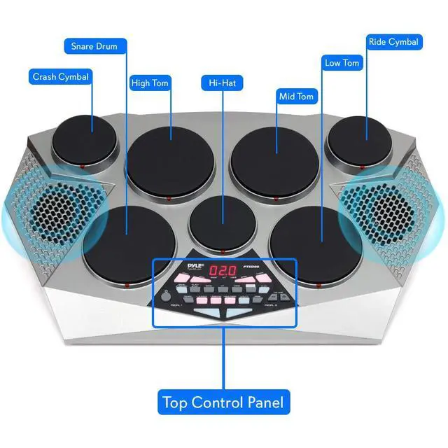 Alt view image 4 of 7 - Pro Electronic Drum kit - Portable Electric Tabletop Drum Set Machine with Digital Panel, 7 Drum Pad, Hi-Hat / Kick Bass Pedal Controller USB AUX -Tom Toms, Hi-Hat, Snare Drums, Cymbals - PTED06