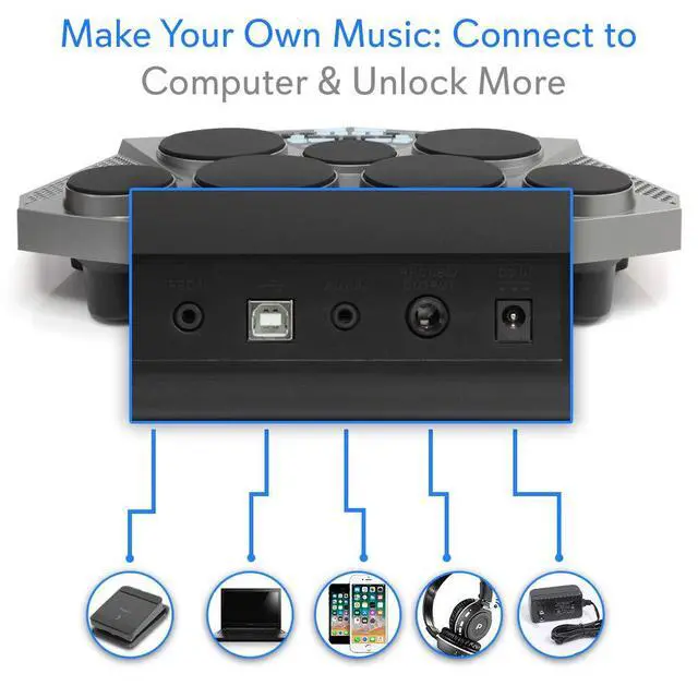 Alt view image 6 of 7 - Pro Electronic Drum kit - Portable Electric Tabletop Drum Set Machine with Digital Panel, 7 Drum Pad, Hi-Hat / Kick Bass Pedal Controller USB AUX -Tom Toms, Hi-Hat, Snare Drums, Cymbals - PTED06