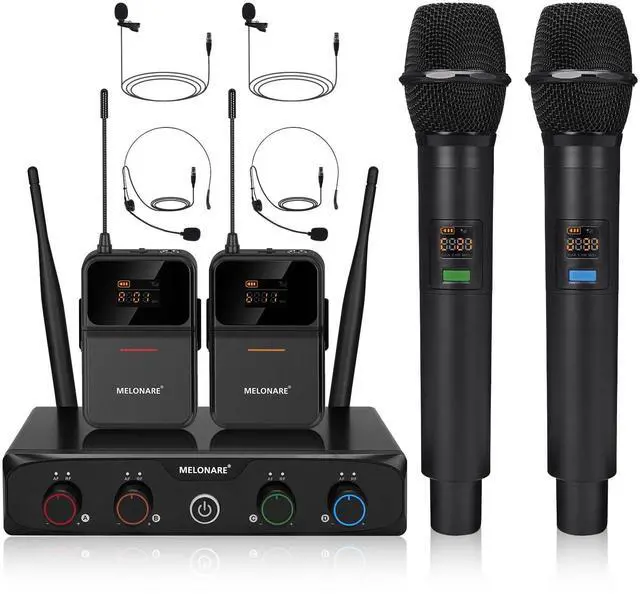 Main image of 4-Channel UHF Compact Wireless Microphone System MWM-41-2H2B | 2 Handheld Mics, 2 Bodypacks, Headset/Lapel Mics, 4 x 10 Frequencies, 200 ft Range, Karaoke, Church