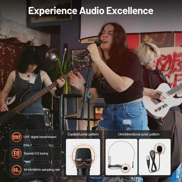 Alt view image 2 of 7 - 4-Channel UHF Compact Wireless Microphone System MWM-41-2H2B | 2 Handheld Mics, 2 Bodypacks, Headset/Lapel Mics, 4 x 10 Frequencies, 200 ft Range, Karaoke, Church