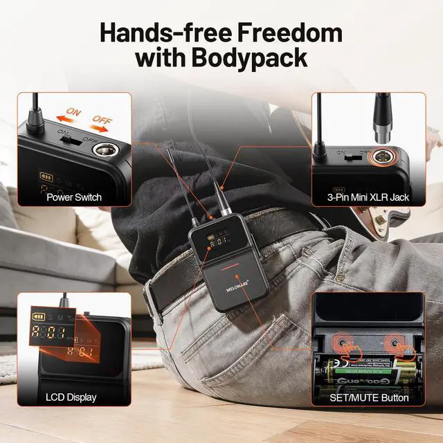 Alt view image 6 of 7 - 4-Channel UHF Compact Wireless Microphone System MWM-41-2H2B | 2 Handheld Mics, 2 Bodypacks, Headset/Lapel Mics, 4 x 10 Frequencies, 200 ft Range, Karaoke, Church