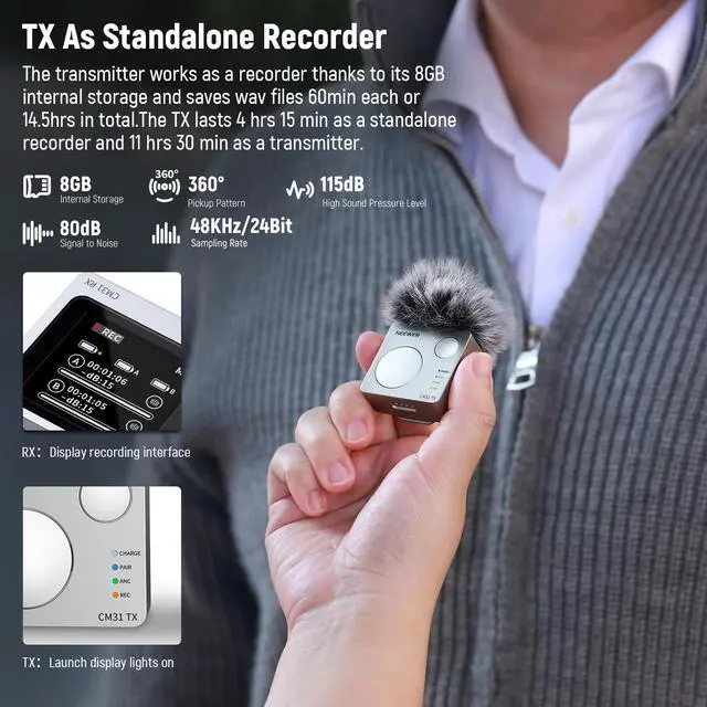 Alt view image 6 of 7 - CM31 Wireless Lavalier Microphone with 8GB Storage 820ft Range 48KHz 24Bit Noise Cancelling Compatible with iPhone iPad Android PC Camera YouTube/TikTok Stream Podcast Interview