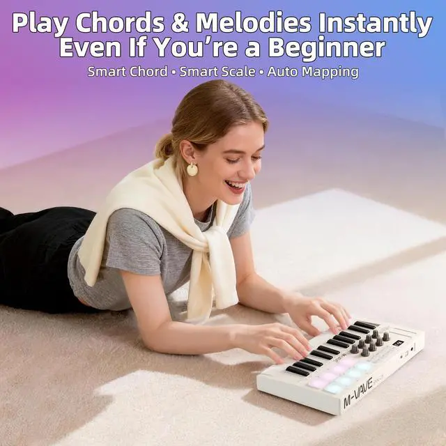Alt view image 5 of 6 - 25-Key Wireless Bluetooth MIDI Keyboard Controller with 8 Assignable Knobs, USB-C Rechargeable, Arpeggiator & Chord Modes for Mac/PC/iOS/Android White