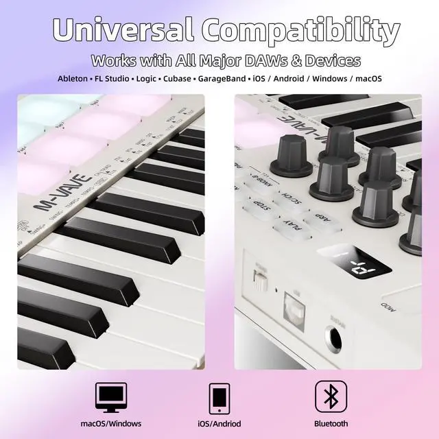Alt view image 6 of 6 - 25-Key Wireless Bluetooth MIDI Keyboard Controller with 8 Assignable Knobs, USB-C Rechargeable, Arpeggiator & Chord Modes for Mac/PC/iOS/Android White