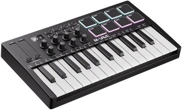 Main image of Midi Keyboard Controller 25 Key Portable Mini Bluetooth & USB Midi Piano with 8 Backlit Drum Pad, 8 Knobs and Music Production Software for Computer Recording, Music Production