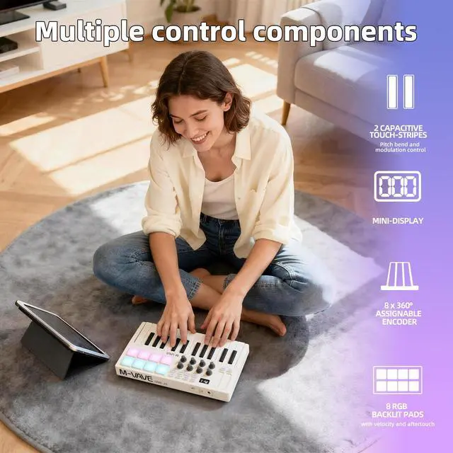 Alt view image 3 of 6 - 25-Key Wireless Bluetooth MIDI Keyboard Controller with 8 Assignable Knobs, USB-C Rechargeable, Arpeggiator & Chord Modes for Mac/PC/iOS/Android White