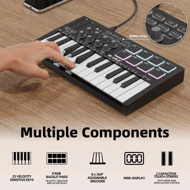 Alt view image 2 of 7 - Midi Keyboard Controller 25 Key Portable Mini Bluetooth & USB Midi Piano with 8 Backlit Drum Pad, 8 Knobs and Music Production Software for Computer Recording, Music Production