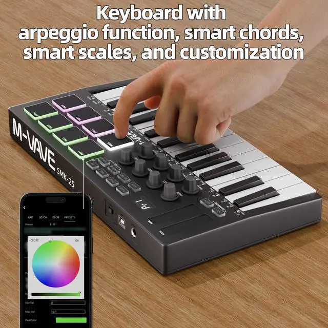 Alt view image 4 of 7 - Midi Keyboard Controller 25 Key Portable Mini Bluetooth & USB Midi Piano with 8 Backlit Drum Pad, 8 Knobs and Music Production Software for Computer Recording, Music Production