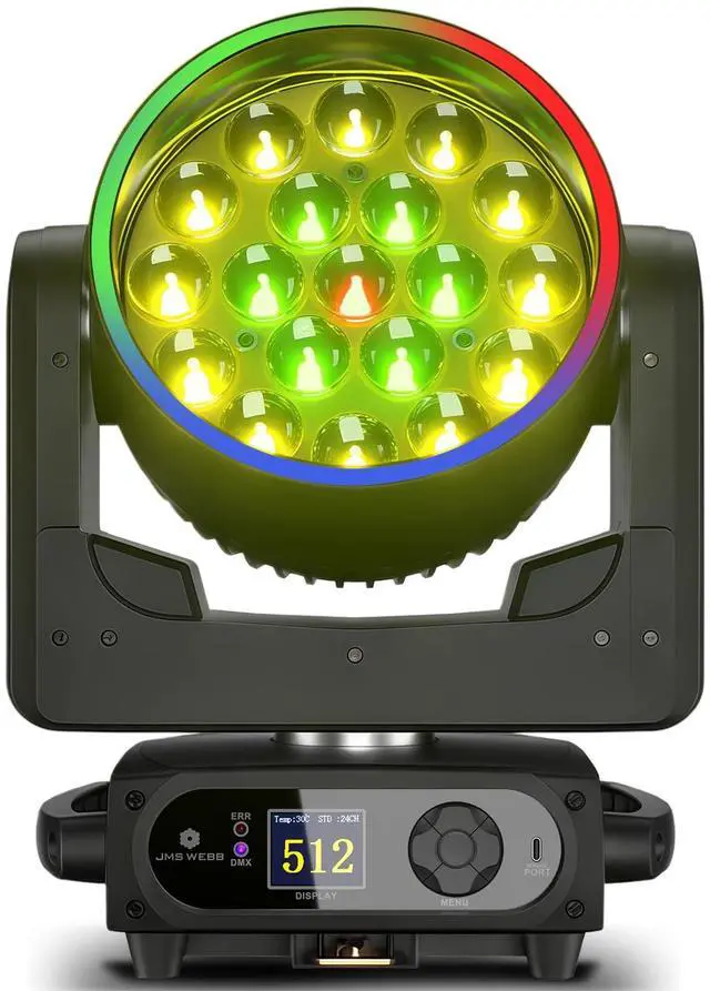 Main image of Moving Head Light LED 19x15W RGBW 4in1 Stage Lights | Beam/Wash/Zoom Effect, Professional DMX512 & Sound Activated Control DJ Lights for Party Wedding Disco and Nightclub