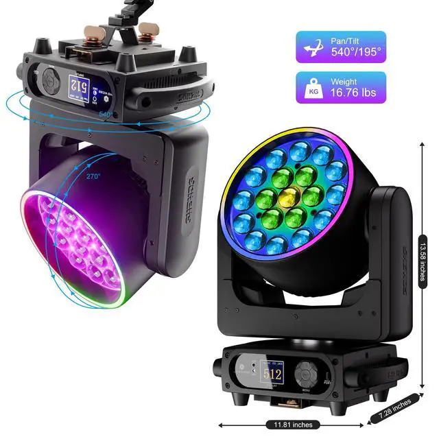 Alt view image 2 of 7 - Moving Head Light LED 19x15W RGBW 4in1 Stage Lights | Beam/Wash/Zoom Effect, Professional DMX512 & Sound Activated Control DJ Lights for Party Wedding Disco and Nightclub