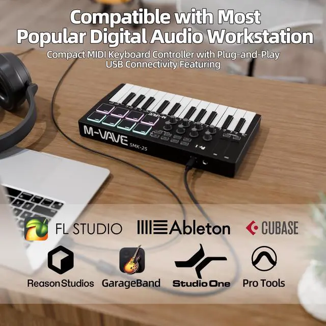 Alt view image 7 of 7 - Midi Keyboard Controller 25 Key Portable Mini Bluetooth & USB Midi Piano with 8 Backlit Drum Pad, 8 Knobs and Music Production Software for Computer Recording, Music Production