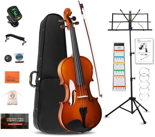 Main image of Acoustic Violin for Beginner 4/4 Full Size Violin Set Solid Wood Ebony for Adult Teen Student Starter Kit with Hard Case, Shoulder Rest, Bow, Music Stand, Strings, Free Lessons (Brown, 4/4 Size)