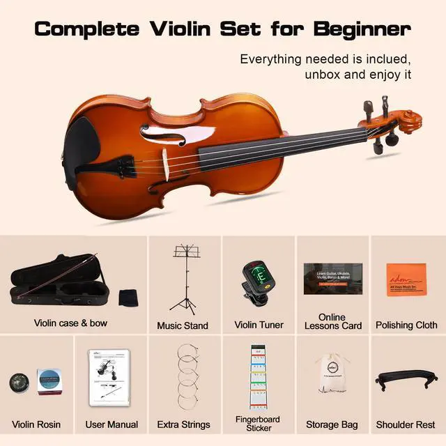 Alt view image 2 of 7 - Acoustic Violin for Beginner 4/4 Full Size Violin Set Solid Wood Ebony for Adult Teen Student Starter Kit with Hard Case, Shoulder Rest, Bow, Music Stand, Strings, Free Lessons (Brown, 4/4 Size)