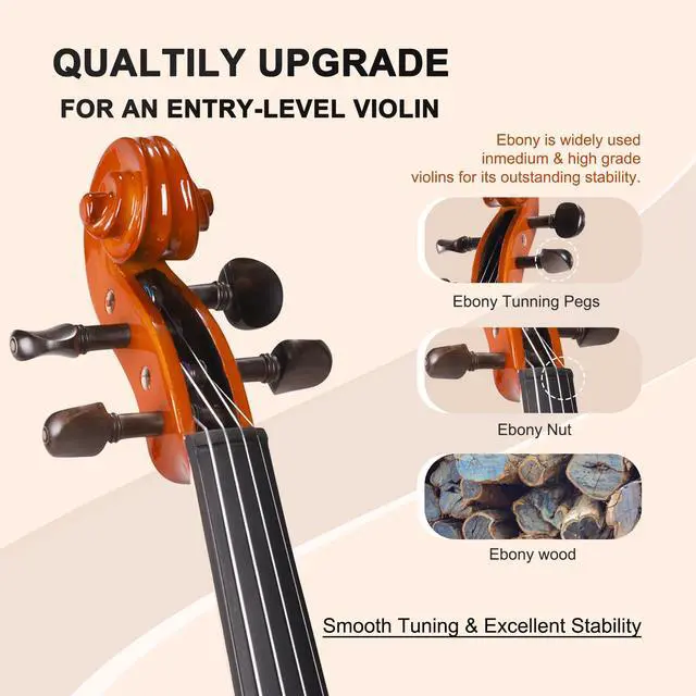 Alt view image 3 of 7 - Acoustic Violin for Beginner 4/4 Full Size Violin Set Solid Wood Ebony for Adult Teen Student Starter Kit with Hard Case, Shoulder Rest, Bow, Music Stand, Strings, Free Lessons (Brown, 4/4 Size)
