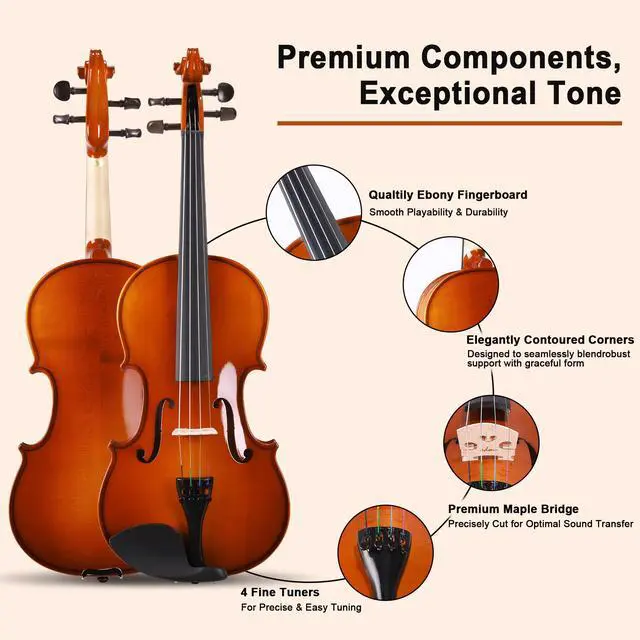 Alt view image 4 of 7 - Acoustic Violin for Beginner 4/4 Full Size Violin Set Solid Wood Ebony for Adult Teen Student Starter Kit with Hard Case, Shoulder Rest, Bow, Music Stand, Strings, Free Lessons (Brown, 4/4 Size)