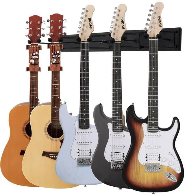 Main image of Guitar Wall Mount Hagers for Multiple Guitars, Adjustable Rubber Cradles Guitar Wall Rack, Fixed Clips, Strong Aluminum Acoustic & Electric Guitars Rack, Bass Holder, Violin Ukulele Organizer