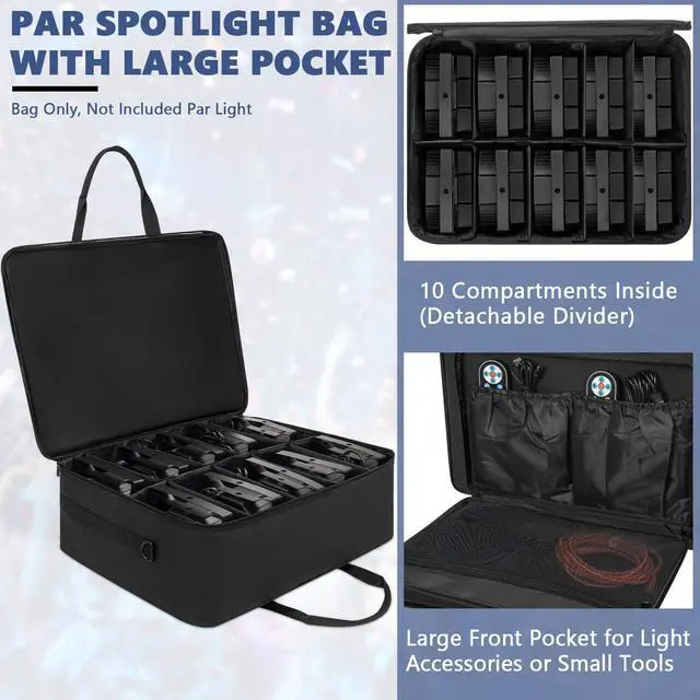 Alt view image 5 of 7 - 10 Par Padded Spotlight Bag 5/16'' Stage Lighting Storage Bag | for 10 Par Lights Bag with Dividers, Handle and Straps, Black (Bag Only)