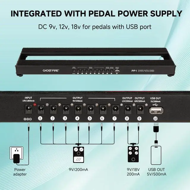 Alt view image 3 of 7 - Ghost Fire Small Guitar Pedal Board with Built-in Isolated Power Supply 19.3''x5.1'' Portable Aluminum Alloy Effect Pedalboard with Carry Bag,PP series (PP1)