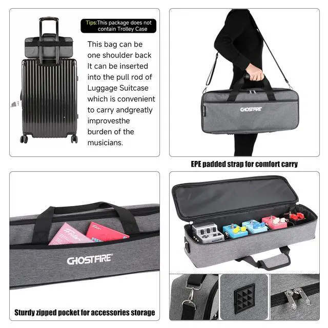 Alt view image 7 of 7 - Ghost Fire Small Guitar Pedal Board with Built-in Isolated Power Supply 19.3''x5.1'' Portable Aluminum Alloy Effect Pedalboard with Carry Bag,PP series (PP1)