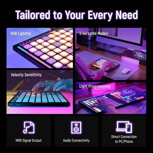 Alt view image 2 of 7 - MIDI Pad Controller, 64 Velocity Sensitive RGB Beat Maker | Wide compatibility with mainstream DAWs including Ableton Live, Logic Pro and other music production software