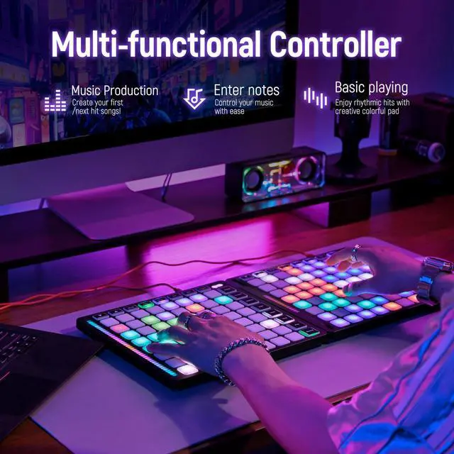 Alt view image 4 of 7 - MIDI Pad Controller, 64 Velocity Sensitive RGB Beat Maker | Wide compatibility with mainstream DAWs including Ableton Live, Logic Pro and other music production software