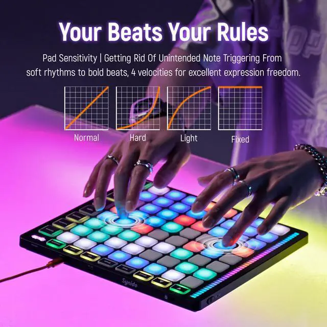 Alt view image 6 of 7 - MIDI Pad Controller, 64 Velocity Sensitive RGB Beat Maker | Wide compatibility with mainstream DAWs including Ableton Live, Logic Pro and other music production software