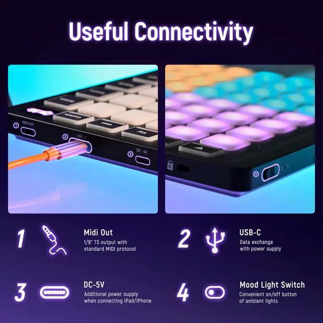 Alt view image 5 of 7 - MIDI Pad Controller, 64 Velocity Sensitive RGB Beat Maker | Wide compatibility with mainstream DAWs including Ableton Live, Logic Pro and other music production software