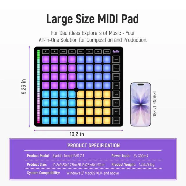 Alt view image 7 of 7 - MIDI Pad Controller, 64 Velocity Sensitive RGB Beat Maker | Wide compatibility with mainstream DAWs including Ableton Live, Logic Pro and other music production software