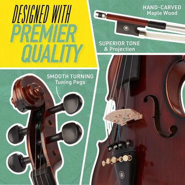 Alt view image 2 of 7 - 1/2 Violin Set For Beginners, Black Solid Wood - Acoustic Violins Set with Hard Case, Tuner, Shoulder Rest, 2 Bows, Rosin, Bridge & Strings (Flamed)