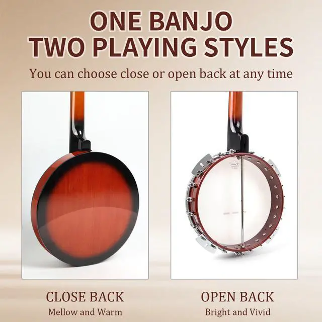 Alt view image 2 of 7 - Banjo 5 String Banjos,Full Size 38 Inch Open or Closed Back | with Resonator, Bridge, Strings Pack, Finger Picks, Strap, Case, Tuner Accessories Set Gift Choice for Adults Beginner
