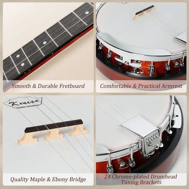 Alt view image 3 of 7 - Banjo 5 String Banjos,Full Size 38 Inch Open or Closed Back | with Resonator, Bridge, Strings Pack, Finger Picks, Strap, Case, Tuner Accessories Set Gift Choice for Adults Beginner