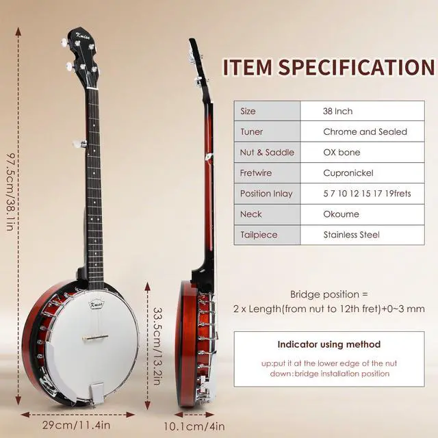 Alt view image 5 of 7 - Banjo 5 String Banjos,Full Size 38 Inch Open or Closed Back | with Resonator, Bridge, Strings Pack, Finger Picks, Strap, Case, Tuner Accessories Set Gift Choice for Adults Beginner