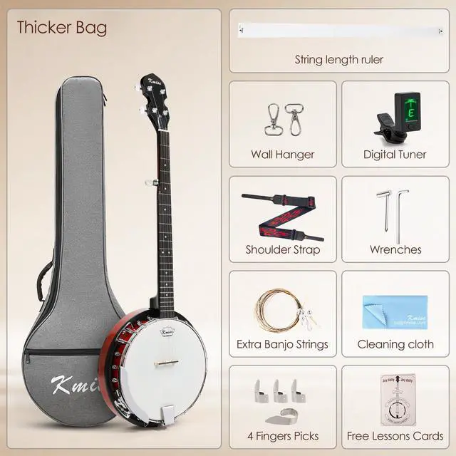 Alt view image 6 of 7 - Banjo 5 String Banjos,Full Size 38 Inch Open or Closed Back | with Resonator, Bridge, Strings Pack, Finger Picks, Strap, Case, Tuner Accessories Set Gift Choice for Adults Beginner