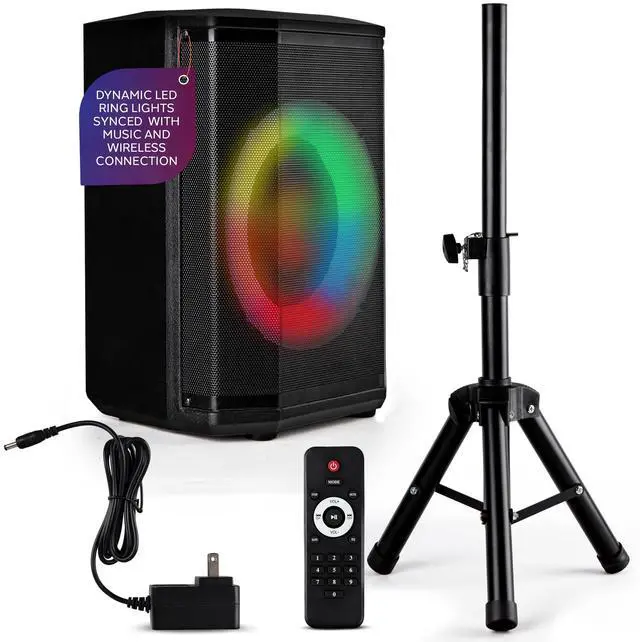 Main image of Portable Bluetooth Speaker with 8" Inch Woofer, TWS Function, Mic Input, USB/Micro SD/FM Radio, Colorful Ring Lights, 120W Rechargeable Battery, Tripod Stand, Hi-Fi Sound, Indoor/Outdoor Use