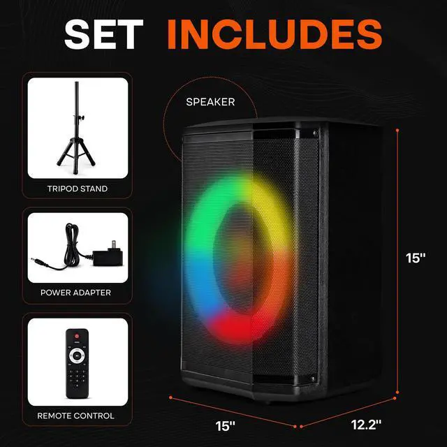 Alt view image 2 of 7 - Portable Bluetooth Speaker with 8" Inch Woofer, TWS Function, Mic Input, USB/Micro SD/FM Radio, Colorful Ring Lights, 120W Rechargeable Battery, Tripod Stand, Hi-Fi Sound, Indoor/Outdoor Use