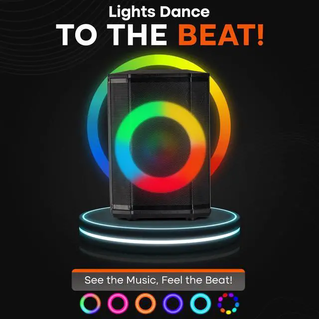 Alt view image 6 of 7 - Portable Bluetooth Speaker with 8" Inch Woofer, TWS Function, Mic Input, USB/Micro SD/FM Radio, Colorful Ring Lights, 120W Rechargeable Battery, Tripod Stand, Hi-Fi Sound, Indoor/Outdoor Use