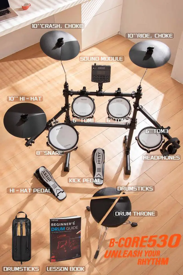 Alt view image 3 of 7 - B-CORE530 Electric Drum Set: Dual-Zone Quiet Mesh Drum Pads, 10 Dual-Trigger Cymbals, Height-Adjustable Rack, 360 Sounds, USB MIDI, Lesson Book, Throne, Sticks, Headphones