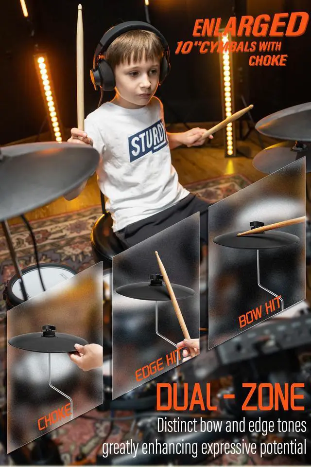 Alt view image 5 of 7 - B-CORE530 Electric Drum Set: Dual-Zone Quiet Mesh Drum Pads, 10 Dual-Trigger Cymbals, Height-Adjustable Rack, 360 Sounds, USB MIDI, Lesson Book, Throne, Sticks, Headphones