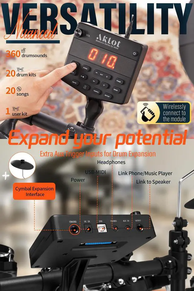 Alt view image 6 of 7 - B-CORE530 Electric Drum Set: Dual-Zone Quiet Mesh Drum Pads, 10 Dual-Trigger Cymbals, Height-Adjustable Rack, 360 Sounds, USB MIDI, Lesson Book, Throne, Sticks, Headphones