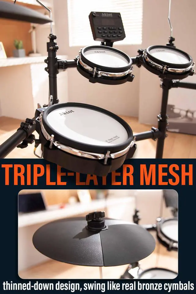 Alt view image 7 of 7 - B-CORE530 Electric Drum Set: Dual-Zone Quiet Mesh Drum Pads, 10 Dual-Trigger Cymbals, Height-Adjustable Rack, 360 Sounds, USB MIDI, Lesson Book, Throne, Sticks, Headphones