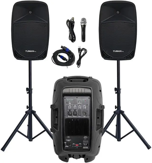 Main image of Dual 10 Inch 1200W High Powered PA Speaker System | Support bluetooth FM radio USB SD media playback includes two stands for outdoor karaoke events